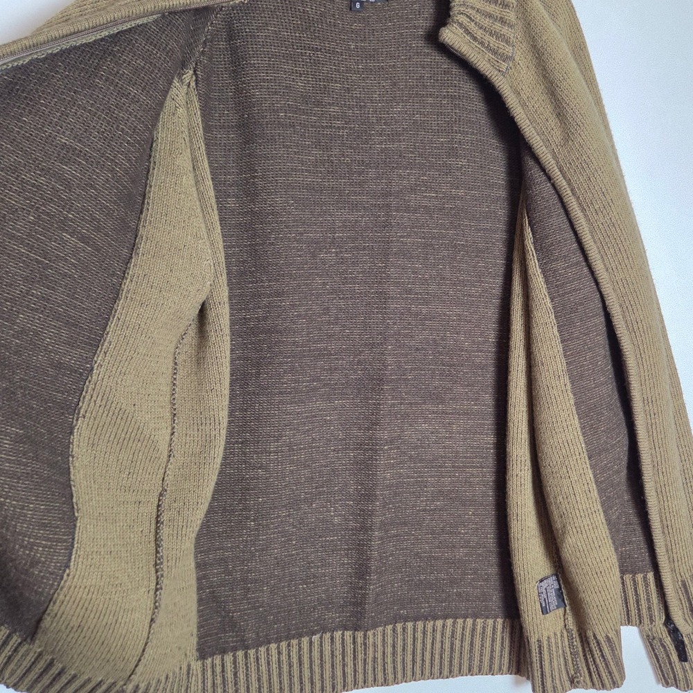 Mens Full Zip Cardigan Large Green Brown Mock Neck Knit Granola Cobain Grunge - Picture 4 of 8